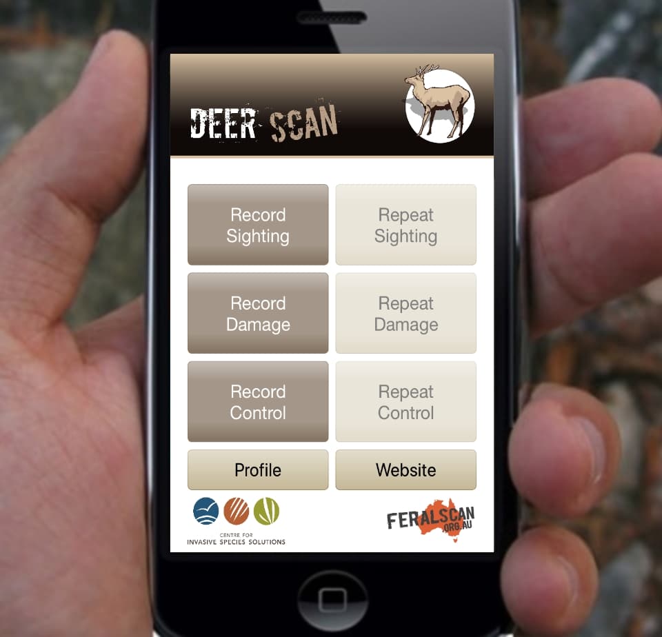 Hand holding a phone with the Deer Scan app displayed listing options to record a sighting, record damage and record control.