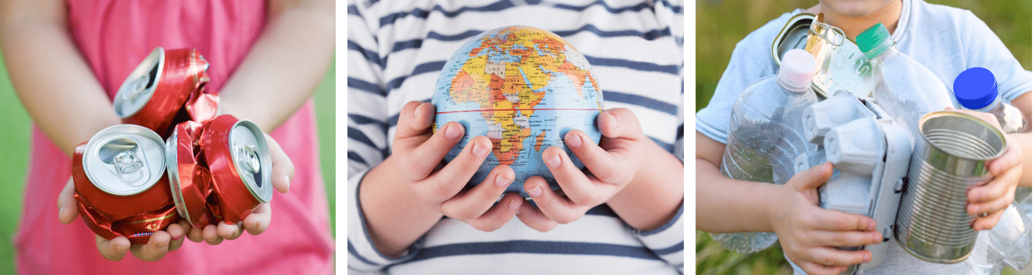 Three images - one showing a child holding aluminium cans, one showing a child holding the Earth and the last one showing a child holding mixed recycling